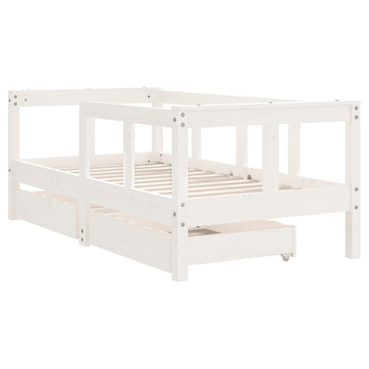 White Solid Pine Kids Bed Frame with Drawers, 70x140 cm