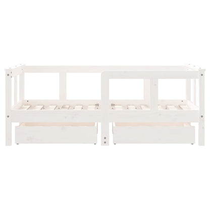 White Solid Pine Kids Bed Frame with Drawers, 70x140 cm
