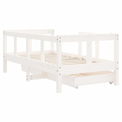 White Solid Pine Kids Bed Frame with Drawers, 70x140 cm