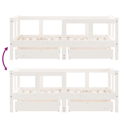 White Solid Pine Kids Bed Frame with Drawers, 70x140 cm