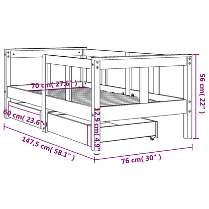 White Solid Pine Kids Bed Frame with Drawers, 70x140 cm