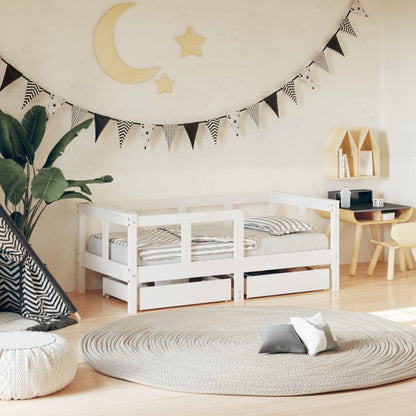 White Solid Pine Kids Bed Frame with Drawers, 70x140 cm