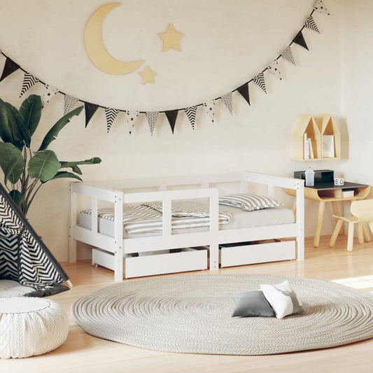 White Solid Pine Kids Bed Frame with Drawers, 70x140 cm