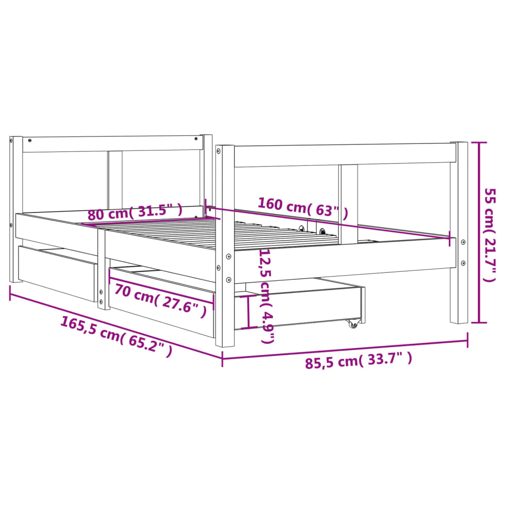 Solid Pine Kids Bed Frame 80x160 cm with Drawers - Natural Wood