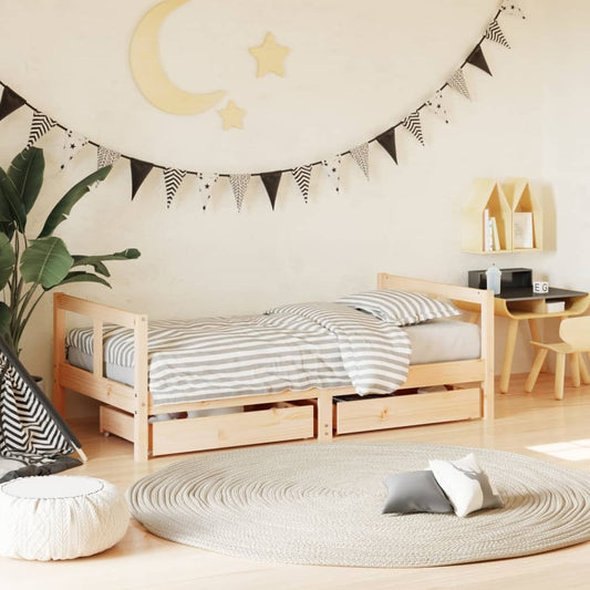 Solid Pine Kids Bed Frame 80x160 cm with Drawers - Natural Wood
