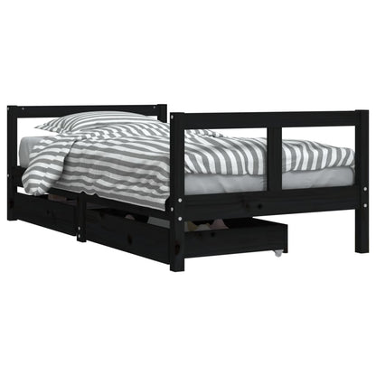 Black Solid Pine Kids Bed Frame with Drawers 80x160 cm