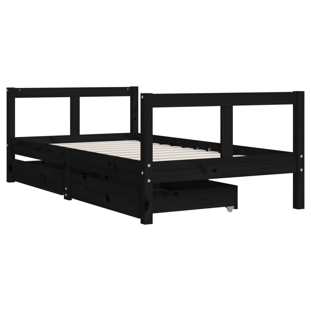 Black Solid Pine Kids Bed Frame with Drawers 80x160 cm