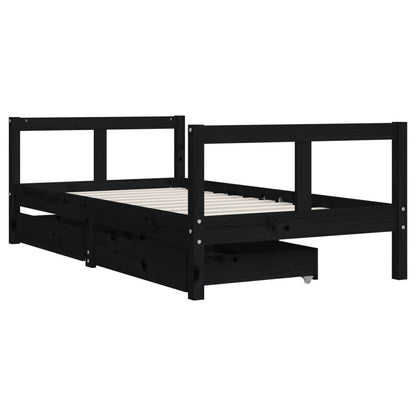Black Solid Pine Kids Bed Frame with Drawers 80x160 cm