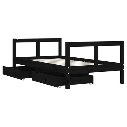Black Solid Pine Kids Bed Frame with Drawers 80x160 cm
