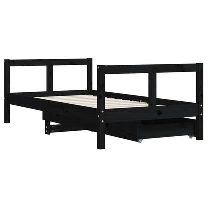 Black Solid Pine Kids Bed Frame with Drawers 80x160 cm