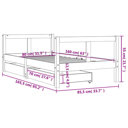 Black Solid Pine Kids Bed Frame with Drawers 80x160 cm