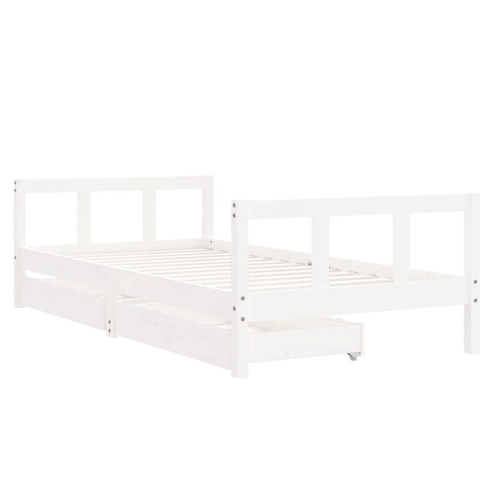 White Solid Pine Kids Bed Frame with Drawers, 90x190 cm