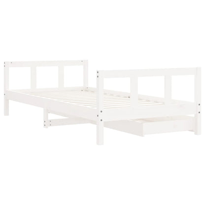 White Solid Pine Kids Bed Frame with Drawers, 90x190 cm
