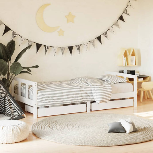 White Solid Pine Kids Bed Frame with Drawers, 90x190 cm