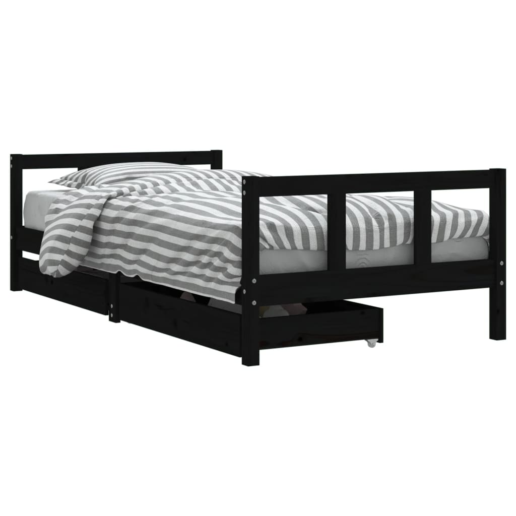 Black Pine Kids Bed Frame with Drawers - 90x190 cm Solid Wood