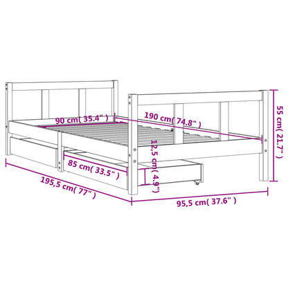 Black Pine Kids Bed Frame with Drawers - 90x190 cm Solid Wood