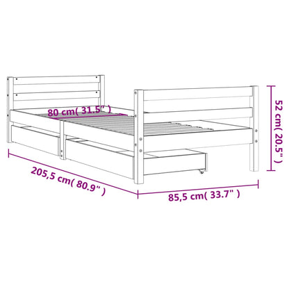 Solid Pine Kids Bed Frame with Drawers, 80x200 cm