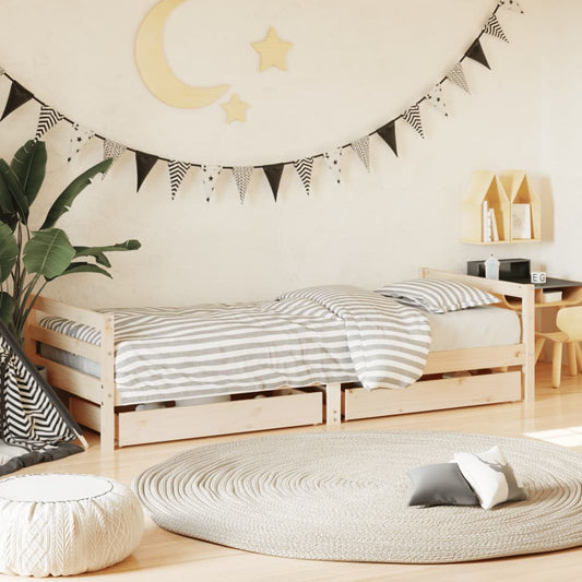 Solid Pine Kids Bed Frame with Drawers, 80x200 cm