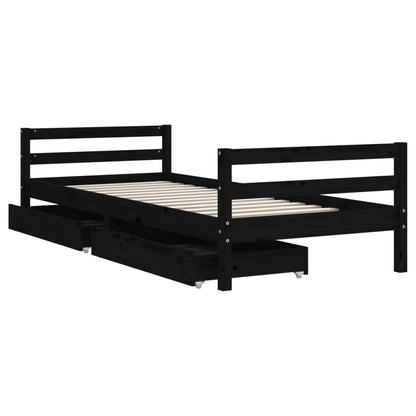 Solid Pine Black Kids Bed Frame with Drawers 90x200 cm