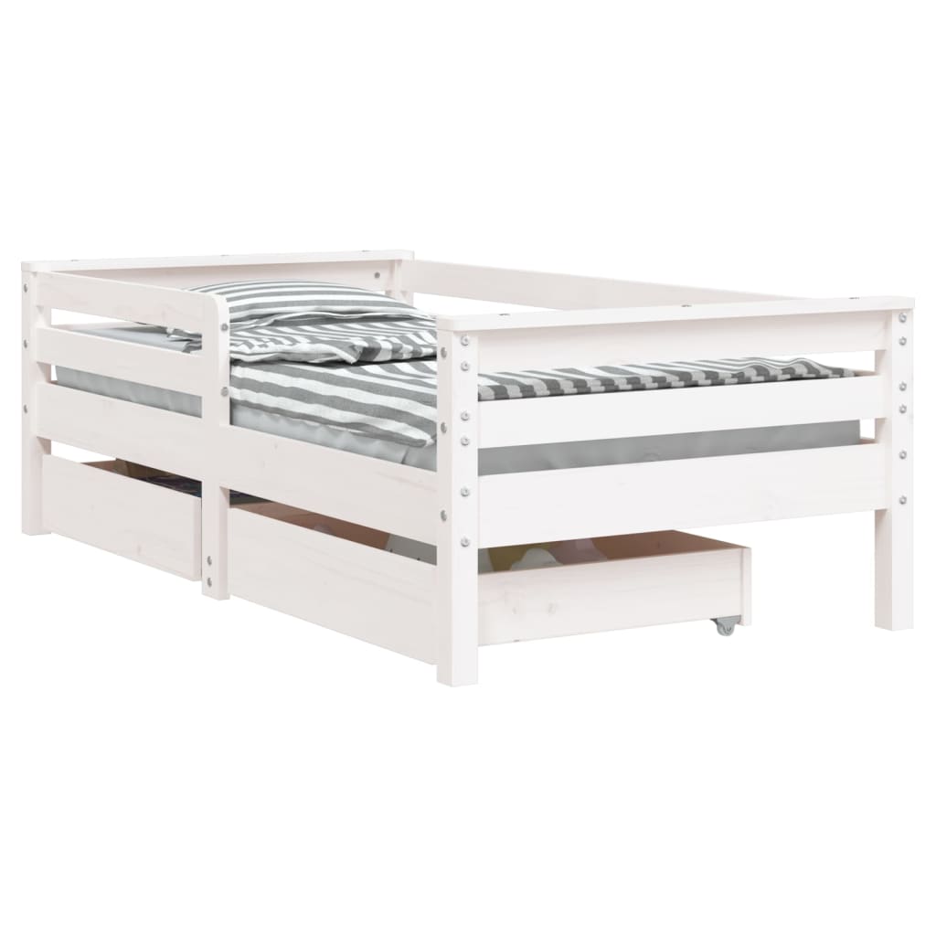 White Solid Pine Kids Bed Frame with Drawers, 70x140 cm