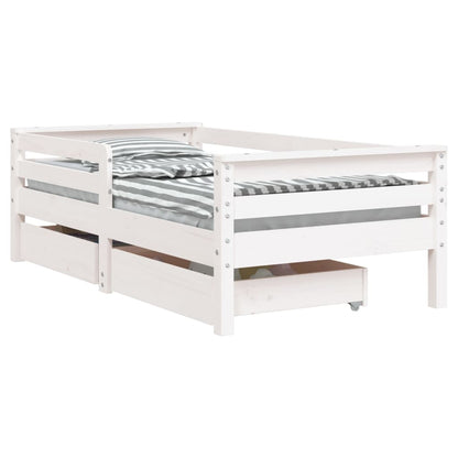 White Solid Pine Kids Bed Frame with Drawers, 70x140 cm