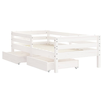 White Solid Pine Kids Bed Frame with Drawers, 70x140 cm