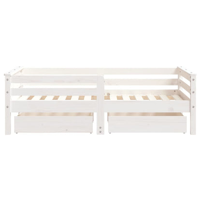 White Solid Pine Kids Bed Frame with Drawers, 70x140 cm