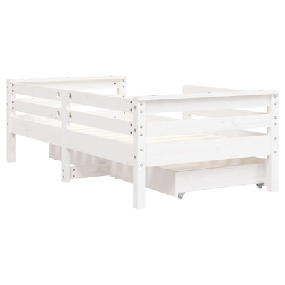 White Solid Pine Kids Bed Frame with Drawers, 70x140 cm
