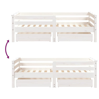 White Solid Pine Kids Bed Frame with Drawers, 70x140 cm