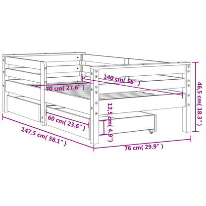 White Solid Pine Kids Bed Frame with Drawers, 70x140 cm