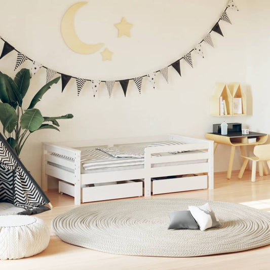 White Solid Pine Kids Bed Frame with Drawers, 70x140 cm