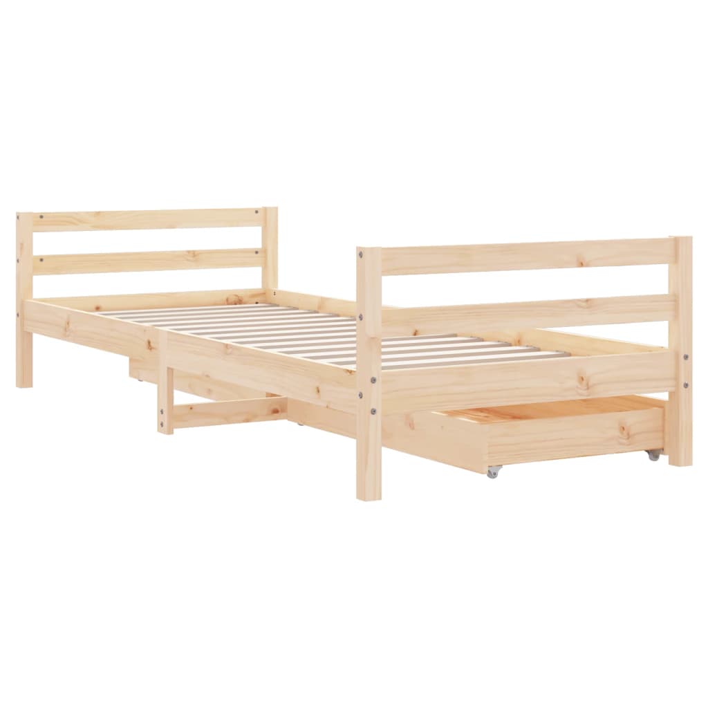 Solid Pine Kids Bed Frame with Drawers 90x190 cm - Natural Wood