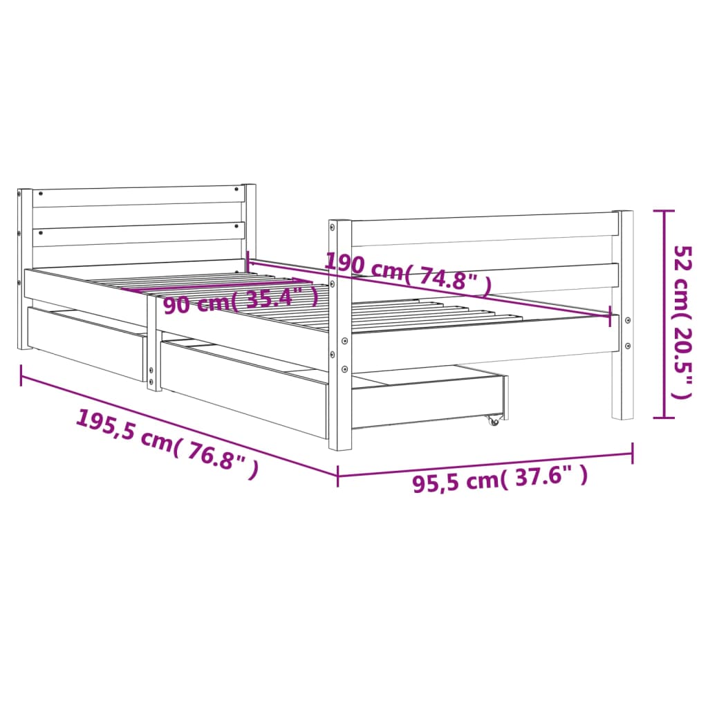 Solid Pine Kids Bed Frame with Drawers 90x190 cm - Natural Wood