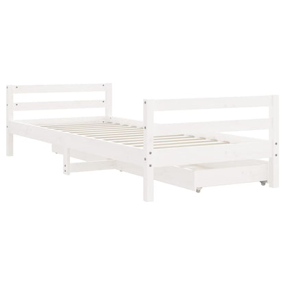 White Solid Pine Kids Bed Frame with Drawers, 90x190 cm