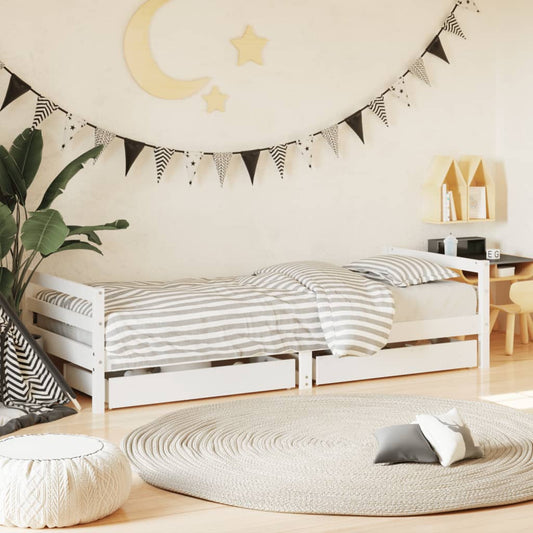 White Solid Pine Kids Bed Frame with Drawers, 90x190 cm
