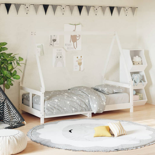Solid Pine Wood Kids Bed Frame - White, 80x160 cm