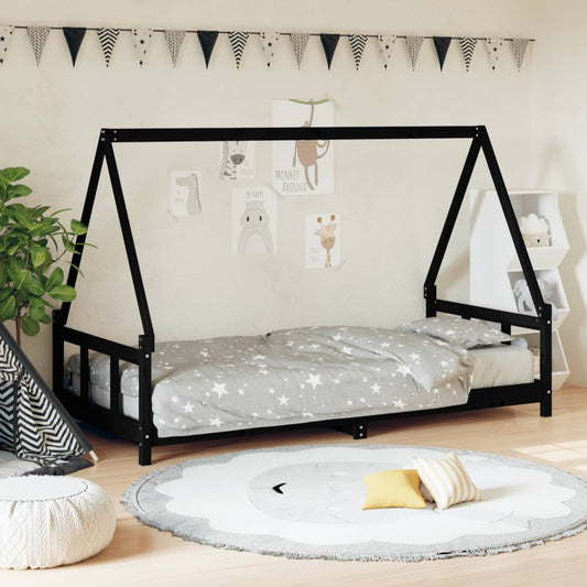 Solid Pine Kids Bed Frame - Black 90x190 cm Sturdy Design