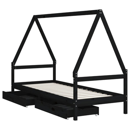 Solid Pine Kids Bed Frame with Storage, Black 90x200 cm