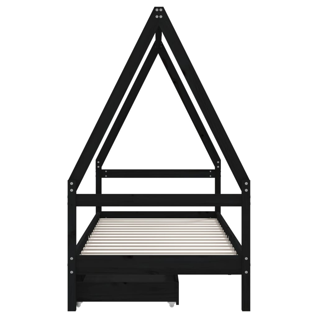 Solid Pine Kids Bed Frame with Storage, Black 90x200 cm