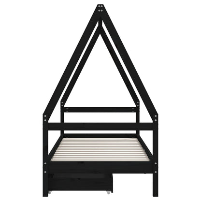 Solid Pine Kids Bed Frame with Storage, Black 90x200 cm