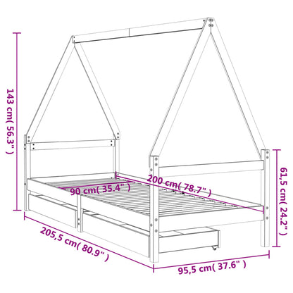 Solid Pine Kids Bed Frame with Storage, Black 90x200 cm
