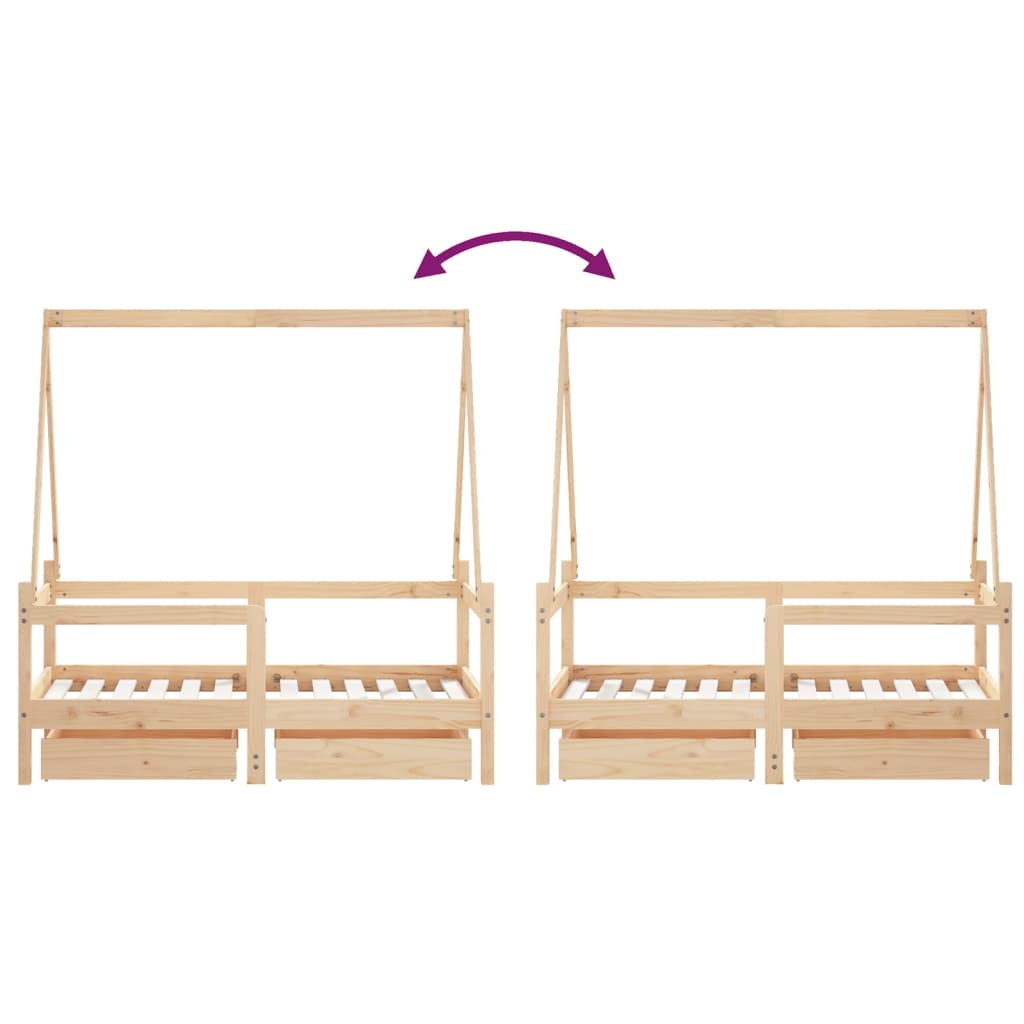 Solid Pine Kids Bed Frame with Drawers 70x140 cm - Natural Wood