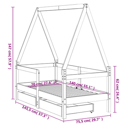 Solid Pine Kids Bed Frame with Drawers 70x140 cm - Natural Wood