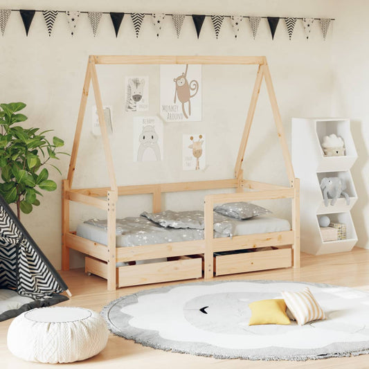 Solid Pine Kids Bed Frame with Drawers 70x140 cm - Natural Wood