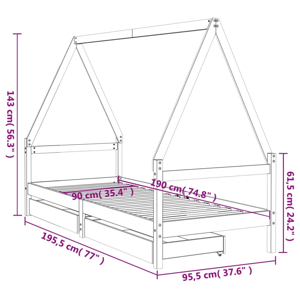 Solid Pine Kids Bed Frame with Drawers, 90x190 cm