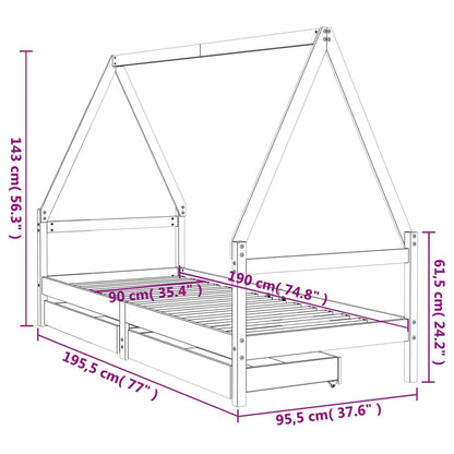 Solid Pine Kids Bed Frame with Drawers, 90x190 cm