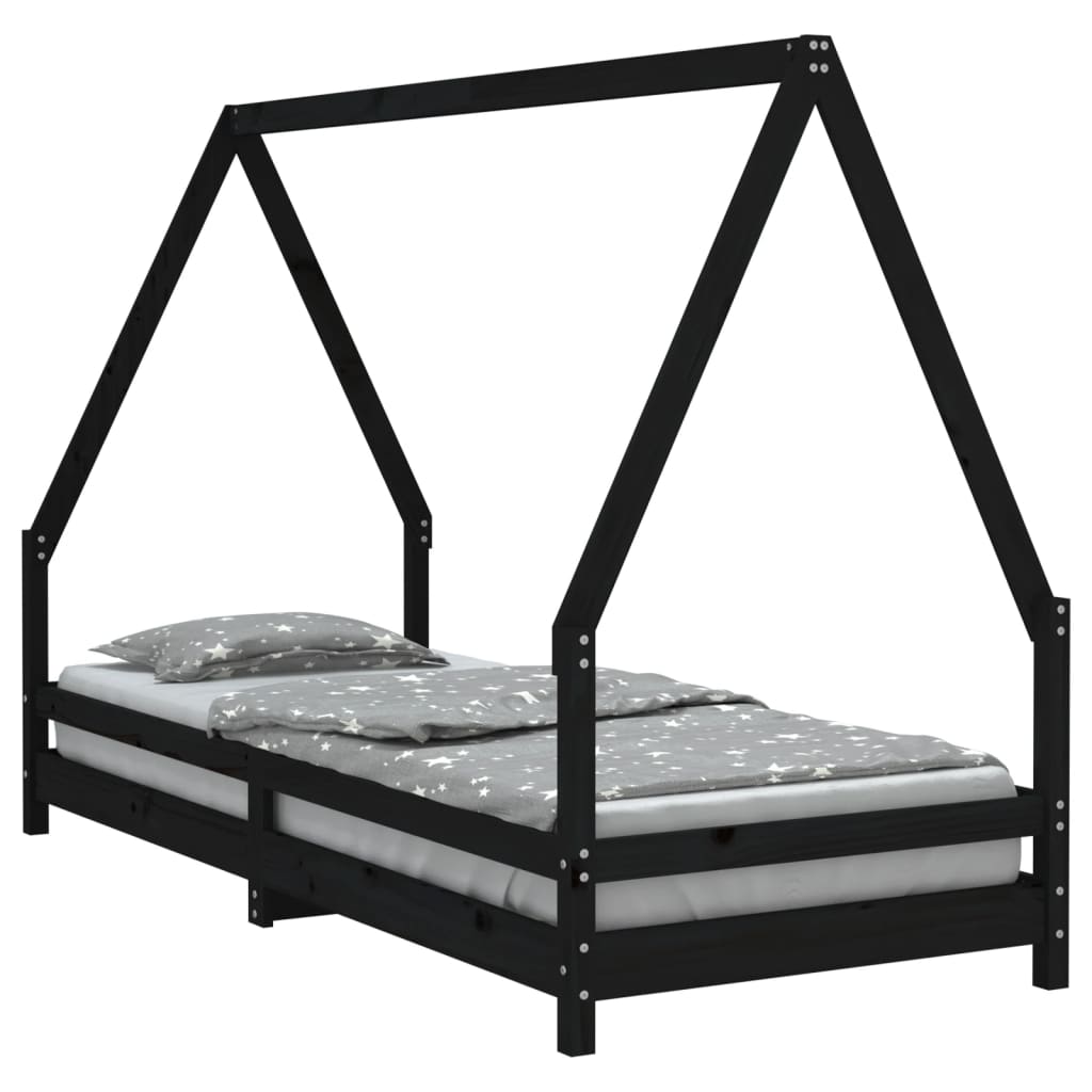 Solid Pine Kids Bed Frame - Black, 80x200 cm