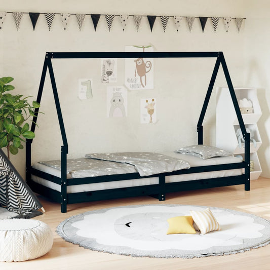 Solid Pine Kids Bed Frame - Black, 80x200 cm