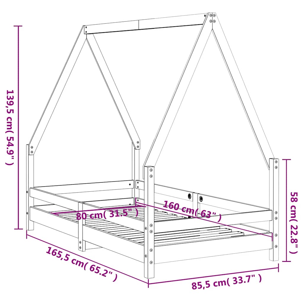 Solid Pine Kids Bed Frame - Black 80x160 cm Sturdy Design