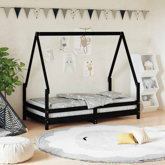 Solid Pine Kids Bed Frame - Black 80x160 cm Sturdy Design